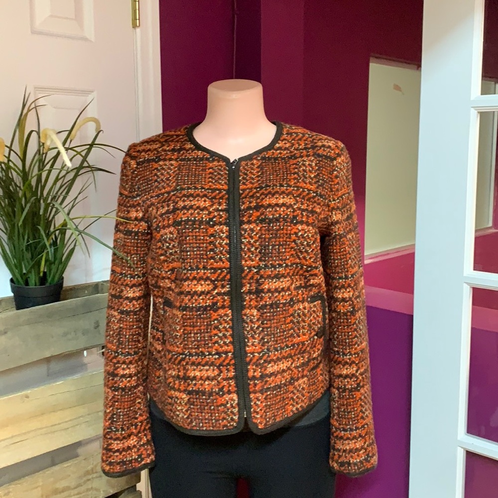 Talbots Orange Brown Plaid Will Blend Zip Front Blazer Jacket Sz 6p